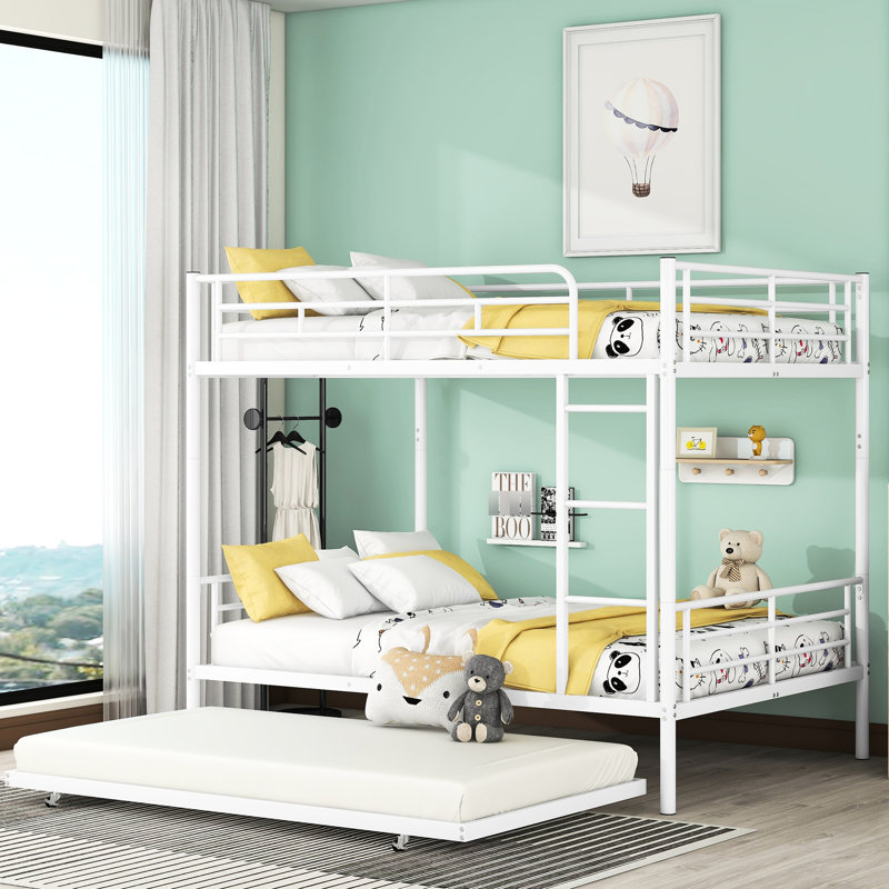 White Metal Trundle Bunk Bed - Strong Iron Craftsmanship, Fits Bedroom Space Wonderfully Full Over With Trundle, Comfortable Sleeping Arrangement