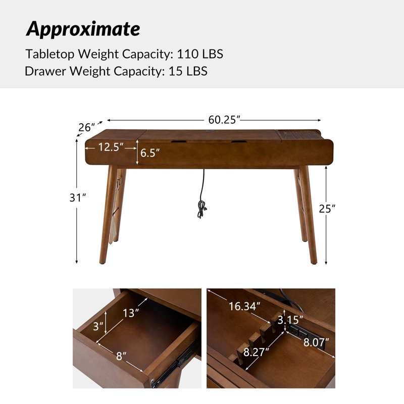 Bureau d'écriture Mid-Century avec prises intégrées Virma, Noyer