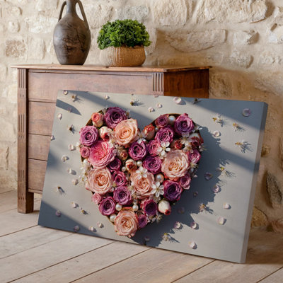 Canvas A Heart Shaped Arrangement Of Delicate Pink Roses And Cherry Wall Art Blossoms Artistically Crafted On A Soft Neutral Canvas Wall Art