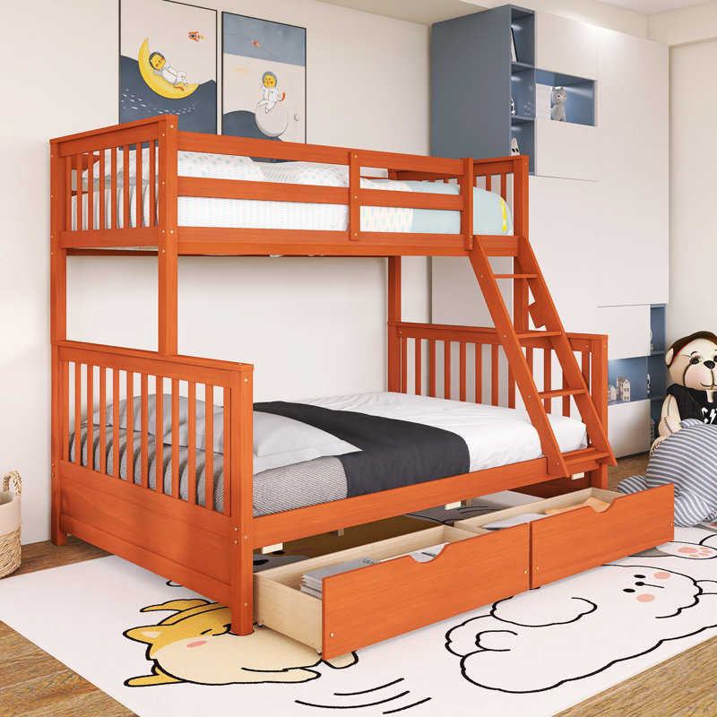Lit superposé simple sur double avec structure en bois avec échelles et deux tiroirs de rangement, Noyer