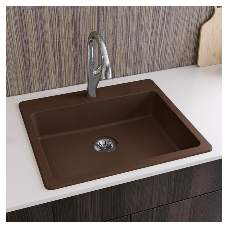 Quartz Classic 25" x 22" x 5-1/2" Drop-In Kitchen Sink with Drain Assembly and Basket Strainer, Mocha