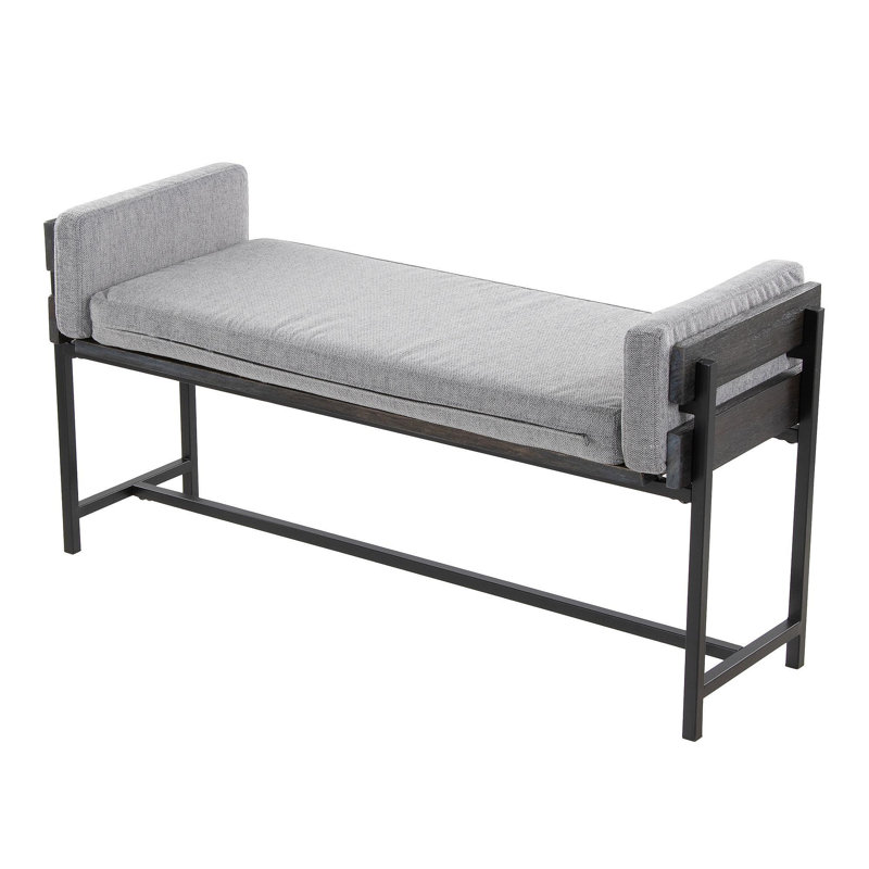 Banc 18 po avec métal noir, bois gris et tissu gris clair