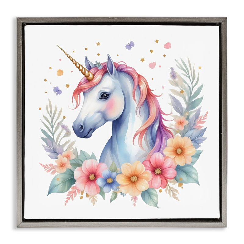 Cadre coloré licorne colorée avec fleurs, design by Creative Studio, H 25 po x l 25 po, Cadre flottant gris lustré
