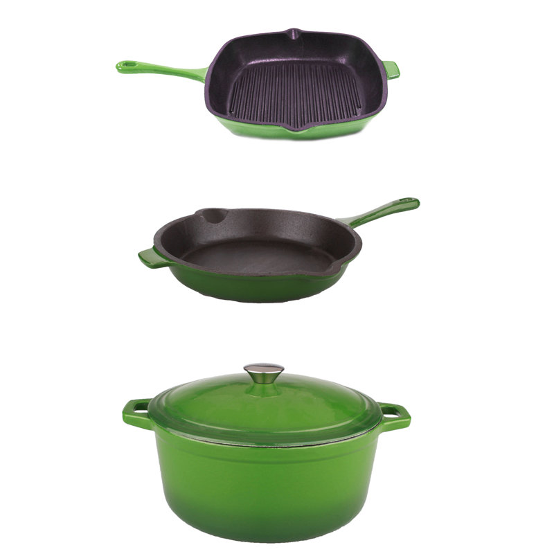 Batterie de cuisine en fonte 4 pièces BergHOFF Neo avec poêle à frire, poêle à griller et Four hollandais couvert, Vert