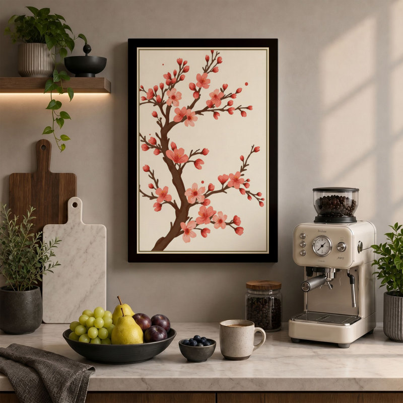 Blossoming Branch Botanical 1 Piece Wrapped Canvas Wall Art, 30x20 - 76.2 x 50.8 cm, Black Border