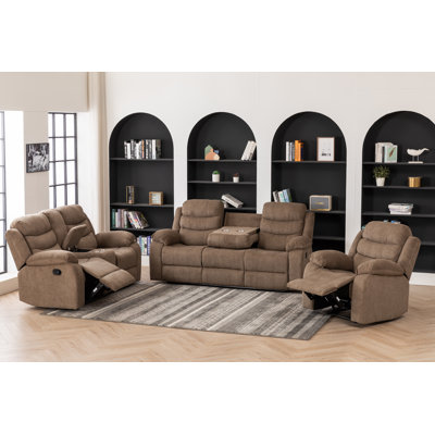 3-piece Reclining Fabric Sofa Set With Drop Down Table Cup Holders For Living Room by Latitude Run