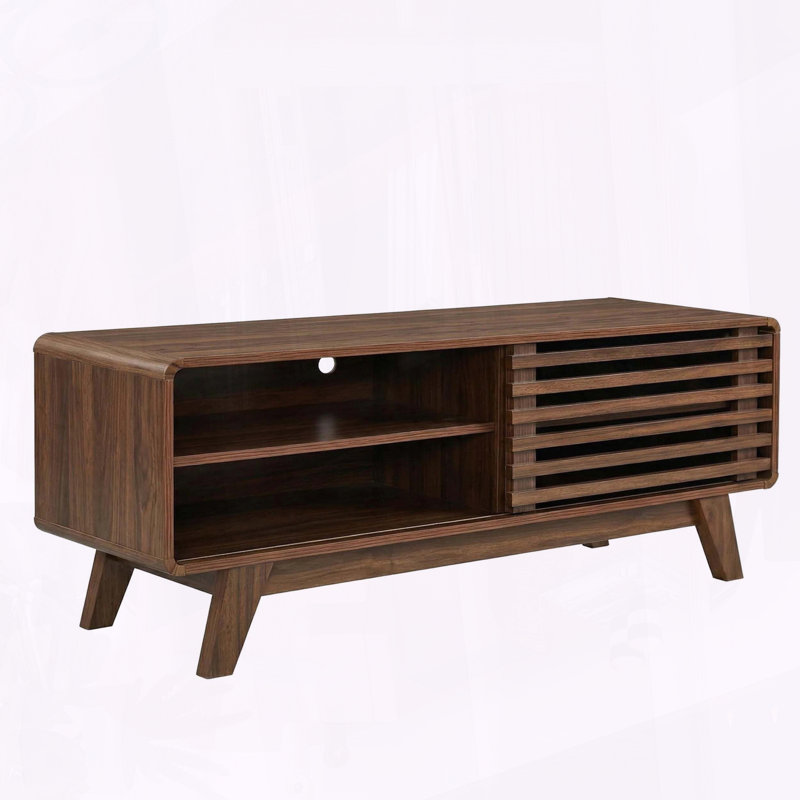 Meuble télé 46 po Mid-Century avec porte coulissante à lattes et rangement
