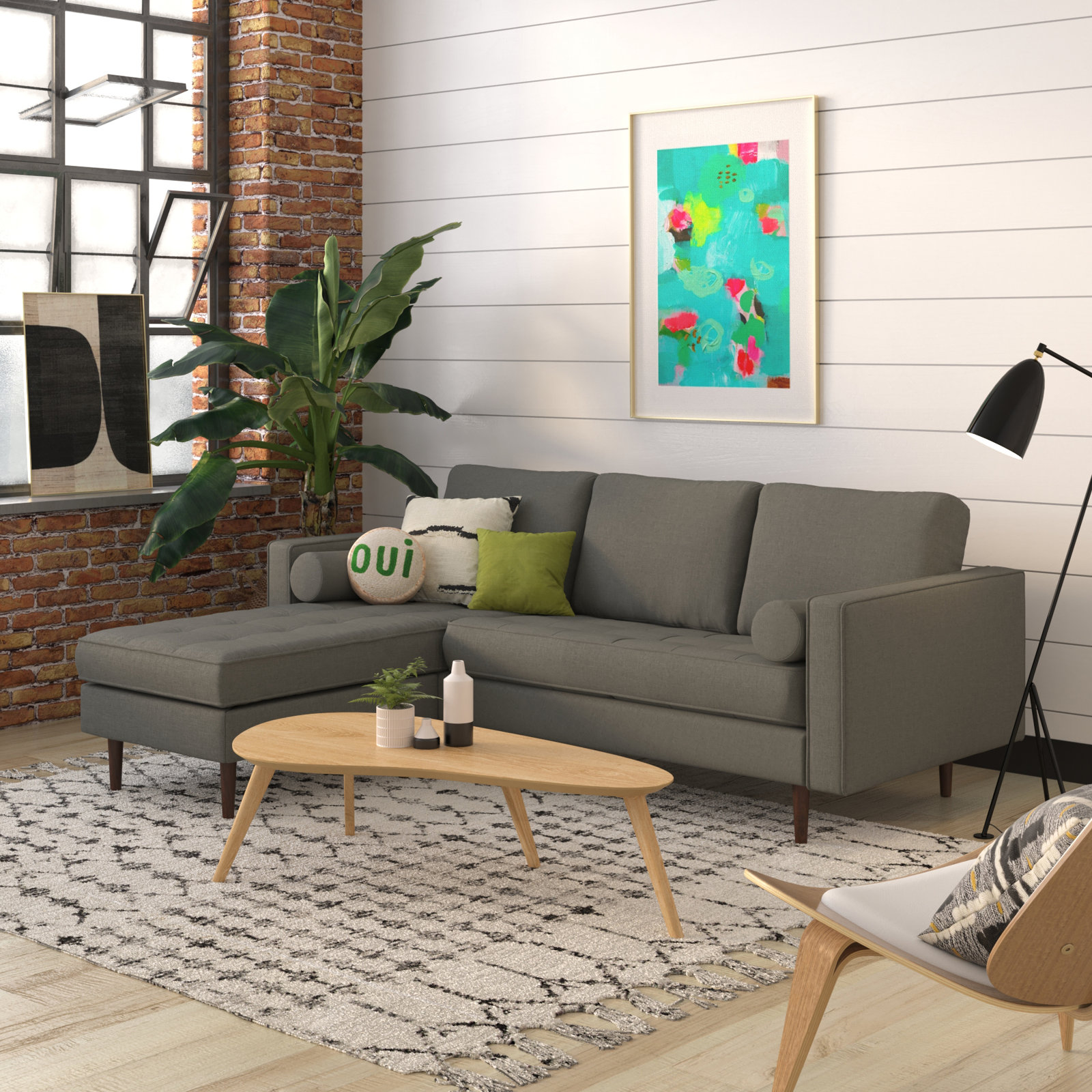 Geo Velvet Reversible Sofa and Chaise, Charcoal Fabric