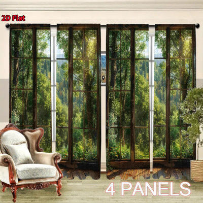 4Pcs Forest Window View Print, Rod Pocket, Room Darkening Privacy Curtains, For Living, Bedroom, Dining, Modern Home Decor, Aesthetic Treatments