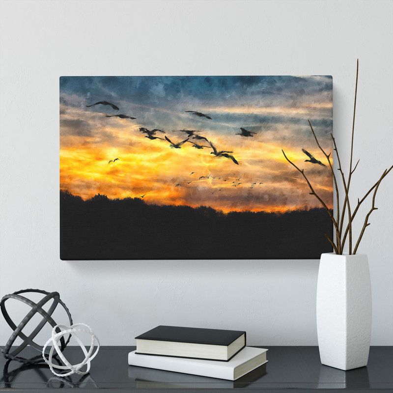 Geese At Sunset - Wrapped Canvas Painting, 35cm H x 50cm W x 3cm D