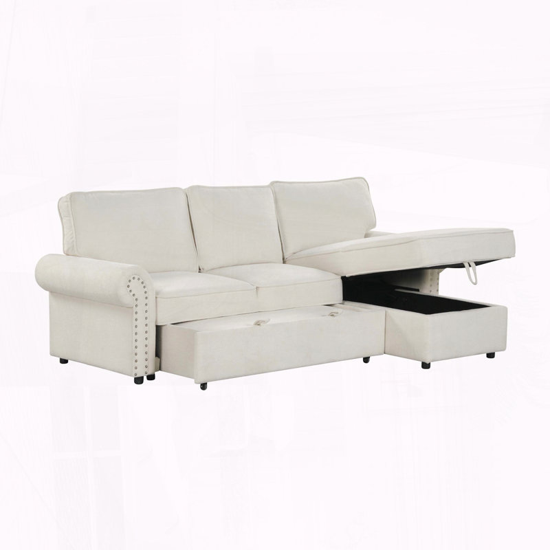 Canapé-lit modulaire convertible 95 po avec rangement pour chaise et porte-gobelets, Polyester beige