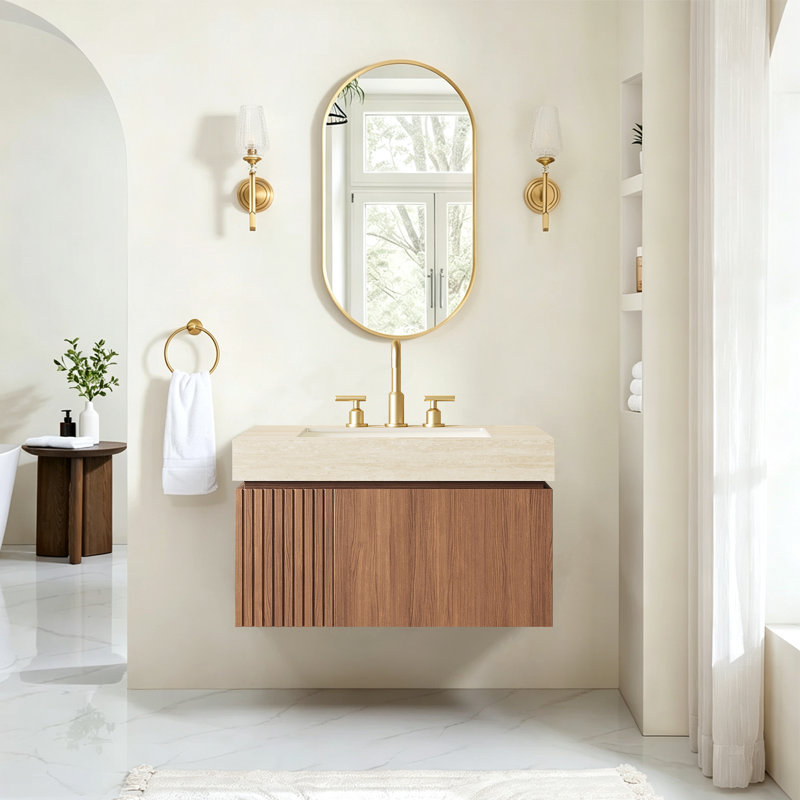 Meuble-lavabo suspendu de luxe de 76 cm avec lavabo, meuble de salle de bain mural moderne pour famille, meuble de salle de bain en pierre frittée de style milieu du siècle