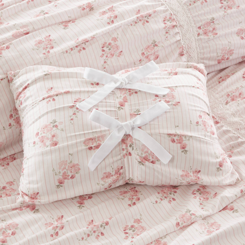 Ensemble de literie d'édredon ruché rose, chambre à coucher en microfibre à motif floral