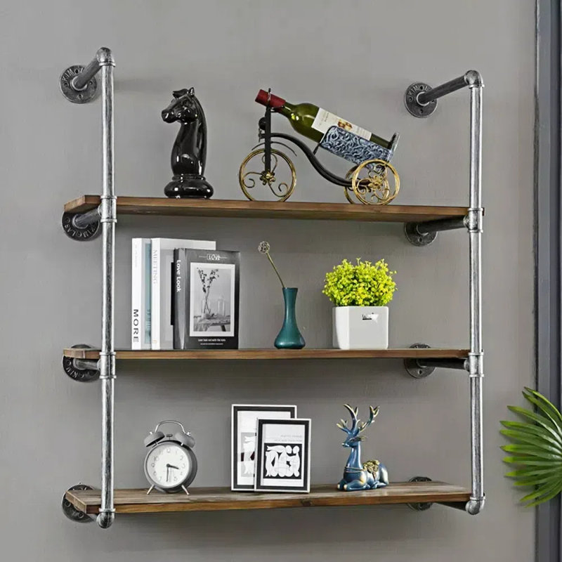 Floating Shelves For Wall Industrial Pipe Shelving,Pipe Shelves With Wood Shelf,Metal Floating Shelf Wall Mounted,Hanging Book Shelves(4 Tier,36In)