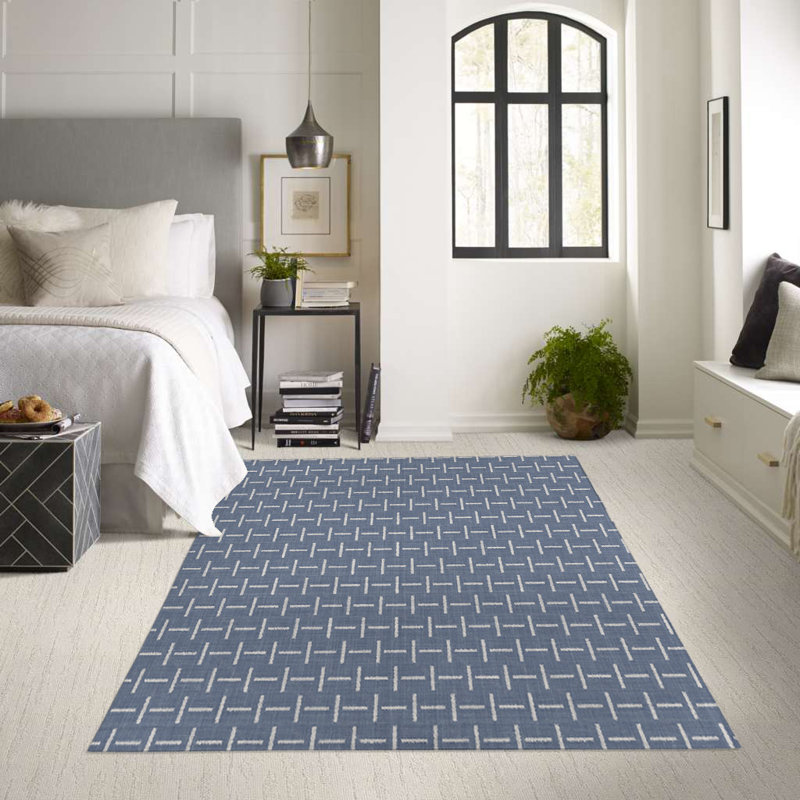 Tapis intérieur / extérieur en polyester tissé à la machine rectangulaire bleu / blanc, Rectangle 5 pi x 7 pi
