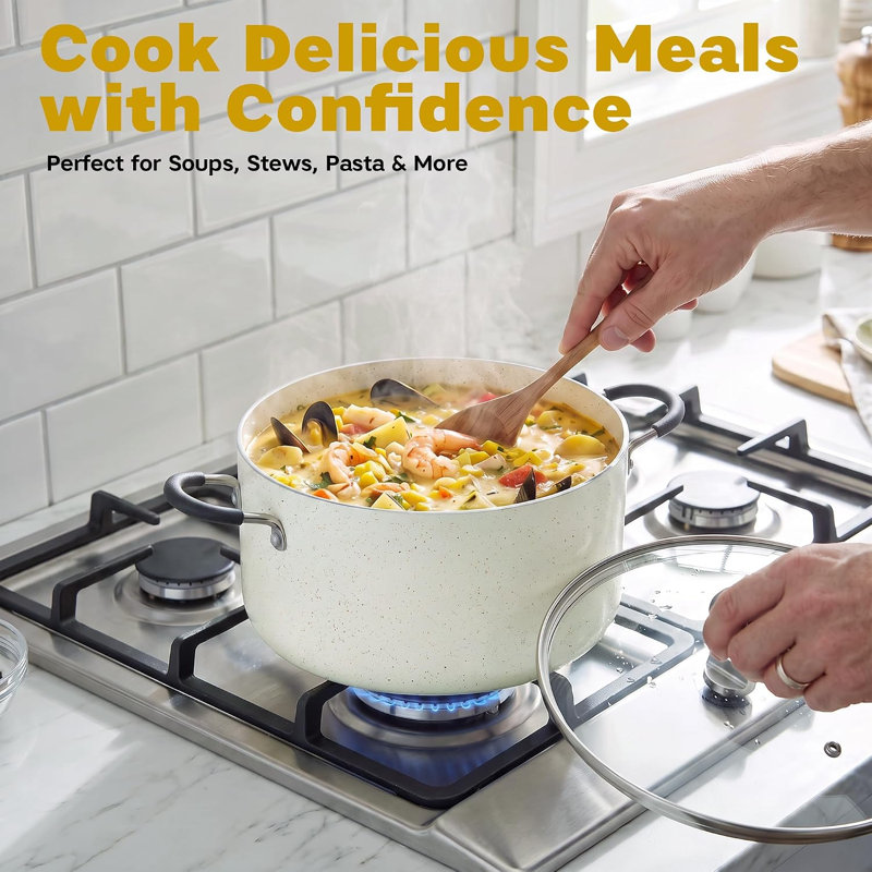 Cook N Home 8 Quart Non Stick Stock Pot with Lid, Large Pots for Cooking Nonstick Soup Pot, Stockpot Induction Cookware - Oven & Dishwasher Safe, Cream