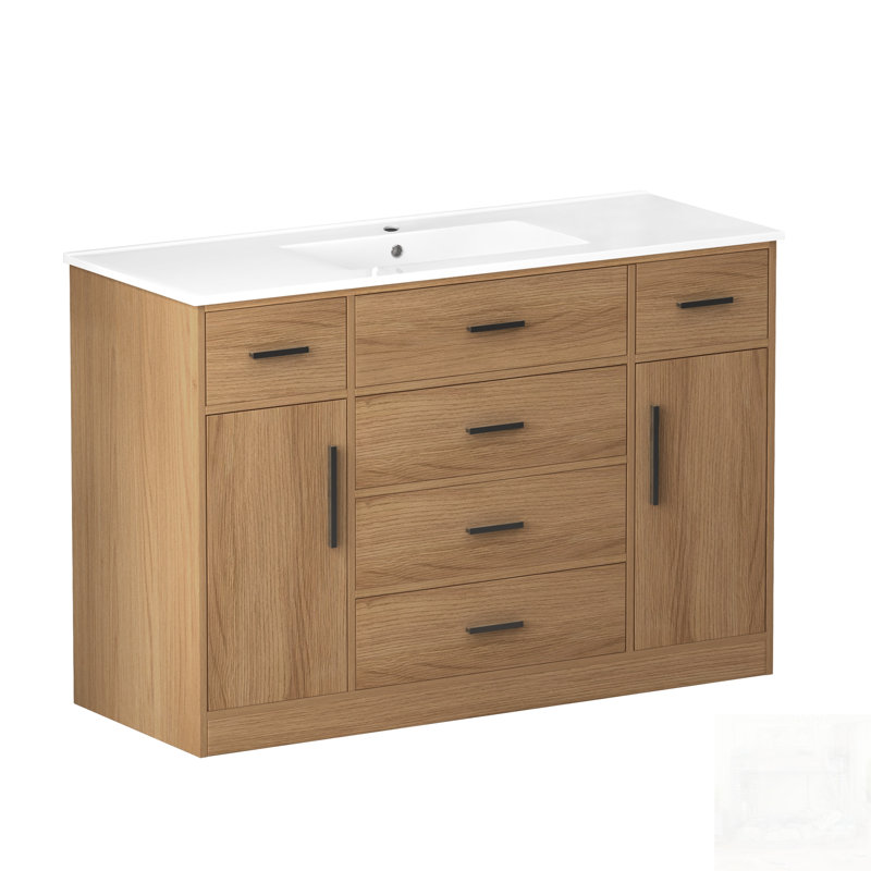 Meuble-lavabo avec rangement abondant, portes à fermeture en douceur et six tiroirs pour des salles de bain élégantes et fonctionnelles.