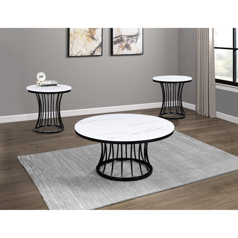 3 tables de cocktail modernes de luxe, tables rondes en faux marbre avec bases de cage contemporaines, 1 table basse et 2 tables de bout de style cage de 3 pièces