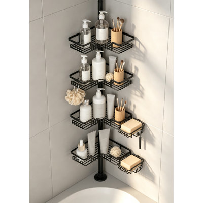 Floor to Ceiling Tension Pole Shower Caddy | 25–114in Adjustable Bathroom Shower Organizer with Hooks & 2 Adhesive Soap Dishes