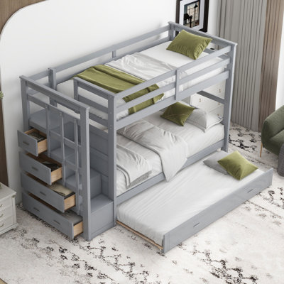 Bunk Bed with Trundle, Storage Staircase, and Drawers – Solid Wood Frame for Kids & Teens by Harriet Bee