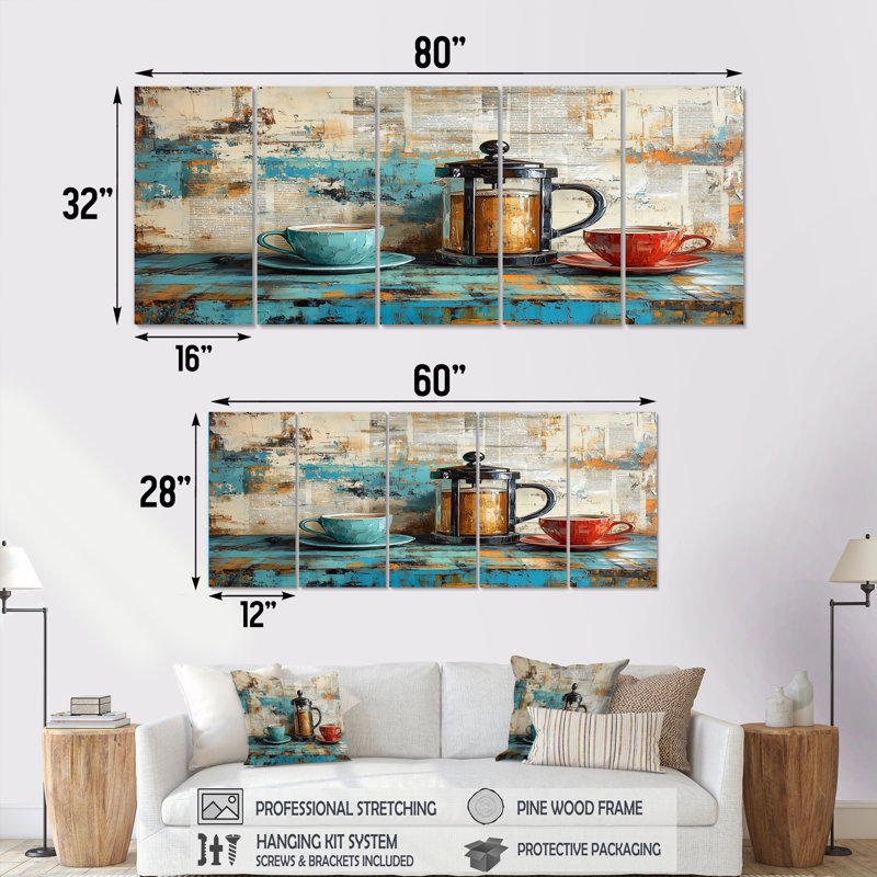 Blue and Red Coffee French Press Coffee - ensemble d'art mural café, H 28 po x l 60 po