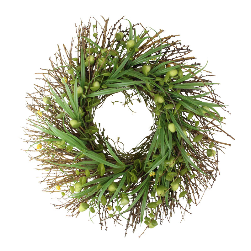 20-Inch Green and Yellow Flower Buds Leaves and Twigs Artificial Floral Wreath