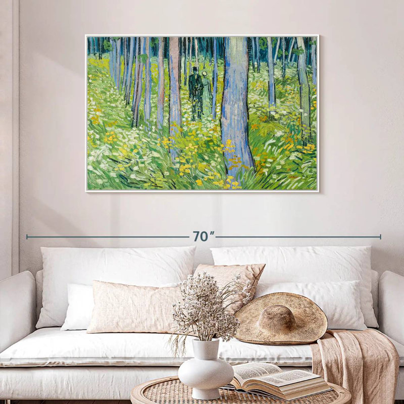 Sous-bois avec deux personnages, Cadre flottant blanc, 46 po x 31 po