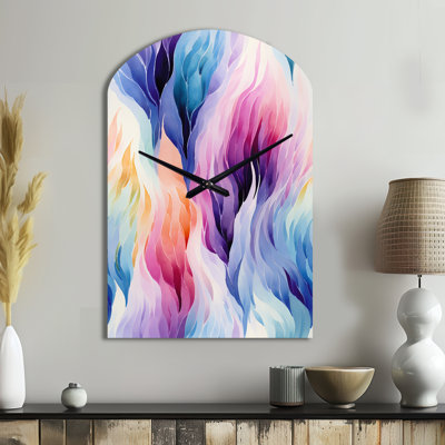 Colorful Watercolor Ikat Mirage - Abstract Asymmetrical Metal Wall Clock, Modern Arch Wall Clock Print