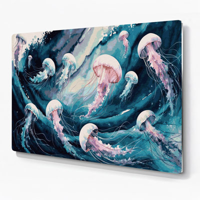 Art mural en métal bleu méduse nautique