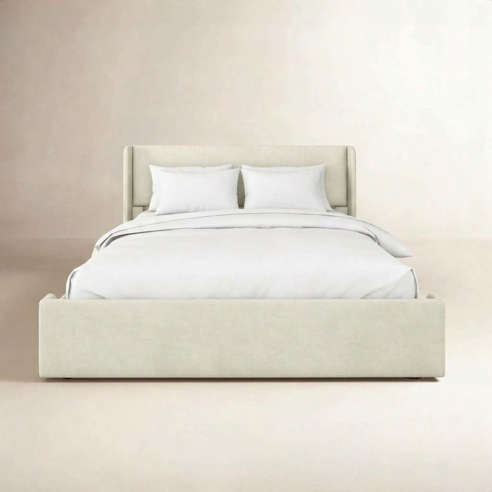 Solid Wood Upholstered Panel Bed, Queen, Cream