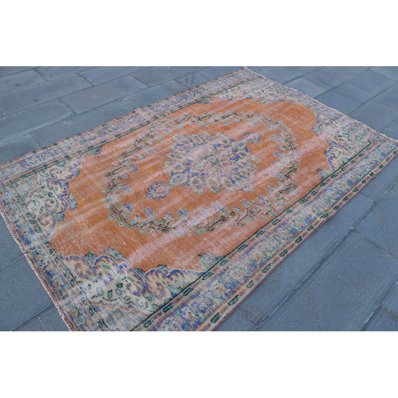 Tapis turc rétro Oushak aux tons doux - idéal pour les salons avec savoir-faire en laine
