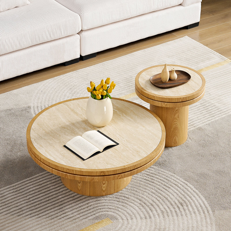 Table d'appoint ronde en pierre frittée de 19,49 po en MDF naturel pour petits espaces de vie et chambres à coucher