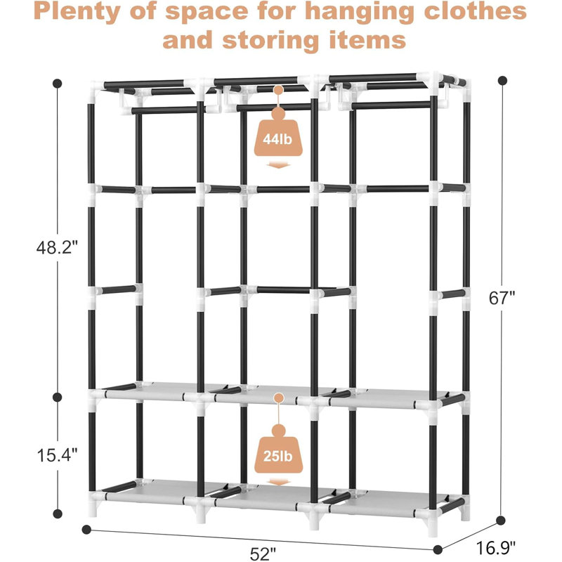 Penderie portative pour suspendre des vêtements avec couvercle, 3 tringles, 6 tablettes de rangement