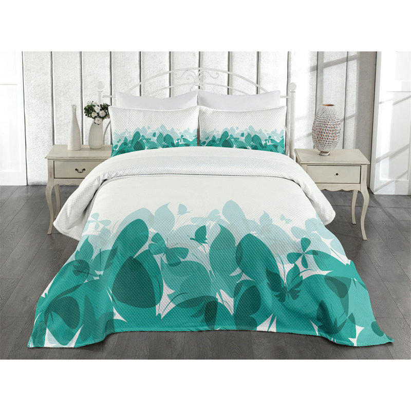 Ambesonne Butterfly Bedspread Spring Theme Abstract Teal White, King Coverlet/Bedspread + 2 Pillow Shams