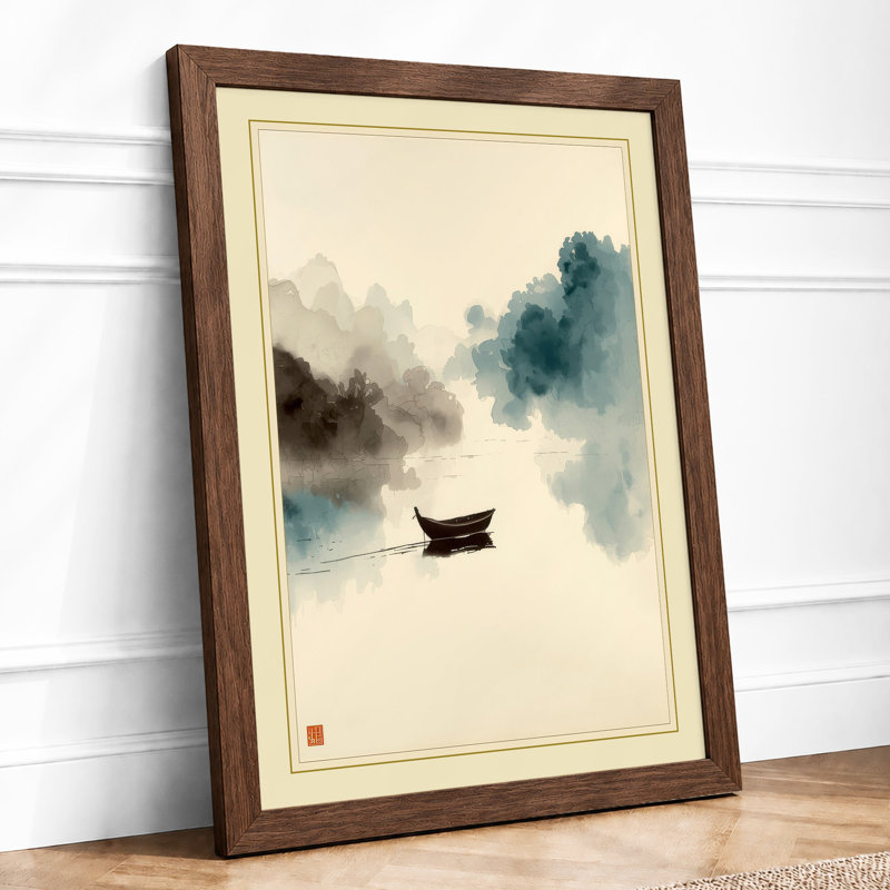 Solitary Boat In Mist Japandi - Print, Walnut, A3 - 42.0 x 29.7 cm