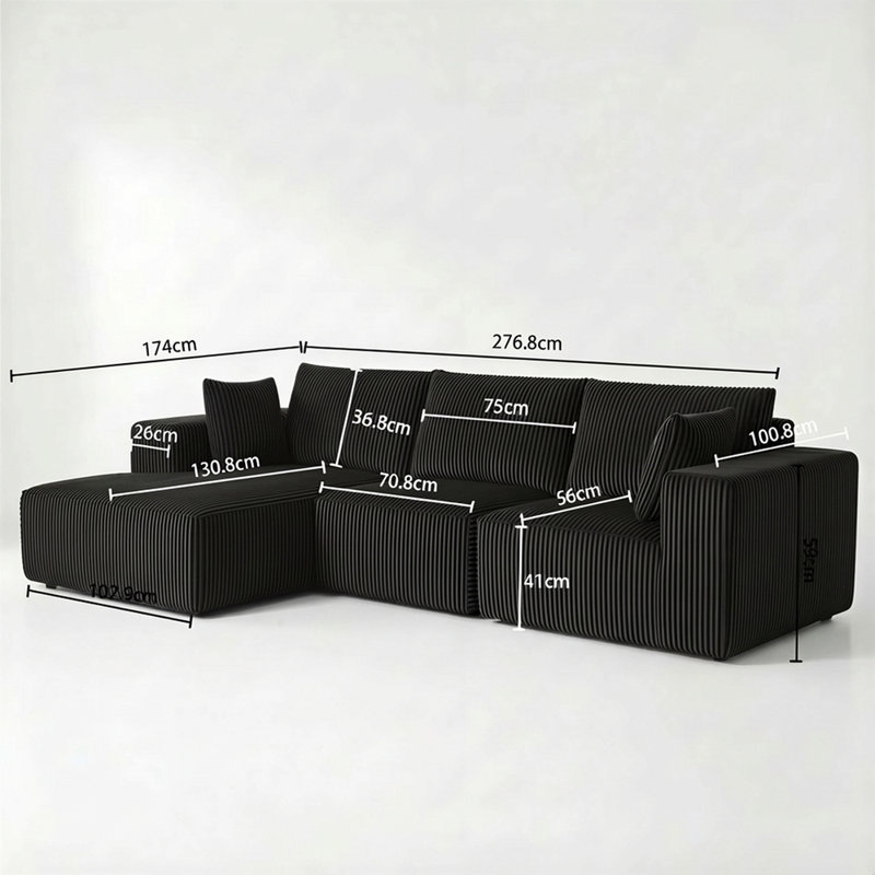 Canapé modulaire en L avec chaise Bon Bon, Velours côtelé noir