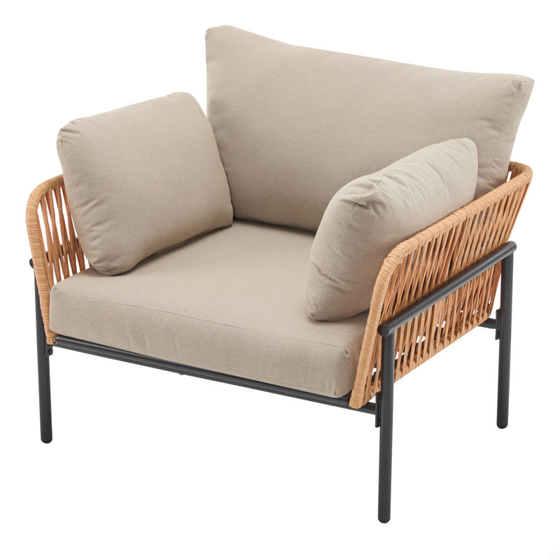 Iron Lounge Chair With Rope Weave Design And Plush Cushions, Brown