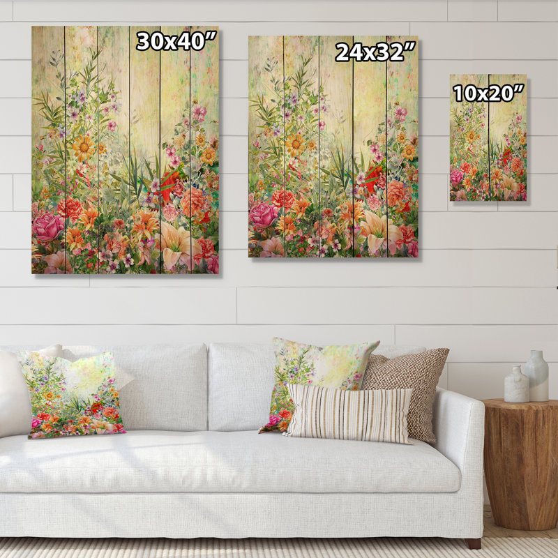 Fleurs de printemps rétro IV - peinture sur bois sans cadre, H 32 po x l 16 po x P 1 po