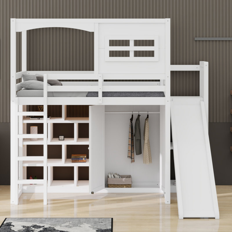 Lit mezzanine en bois avec garde-robe, tablettes de rangement, glissoire et DEL