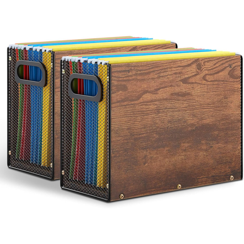 Wooden Hanging File Organizer Box with Handles, 2 Pack