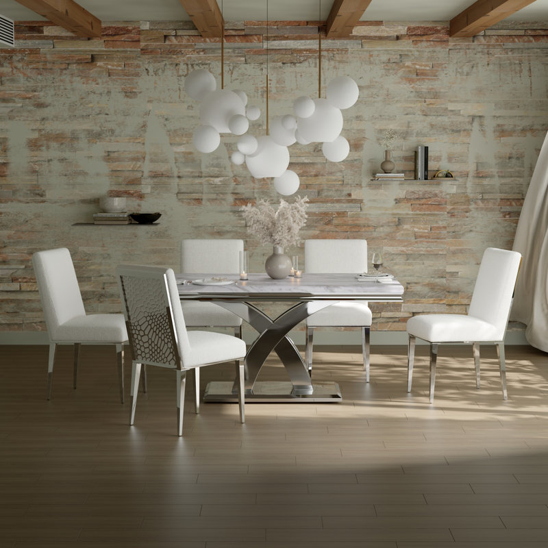 Ensemble de table de salle à manger 7 pièces blanc et argent avec table de 65 pouces et 6 chaises de salle à manger blanches