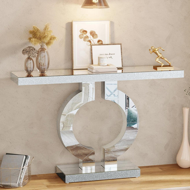 Silver Mirrored Glass Console Table with O-Shaped Base