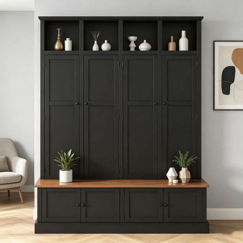 76.7''H 4-In-1 Modern Farmhouse Hall Tree With Bench & Cabinet, Entryway Storage Organizer With Open Cubbies & Hooks For Entryway/Hallway/Living Room