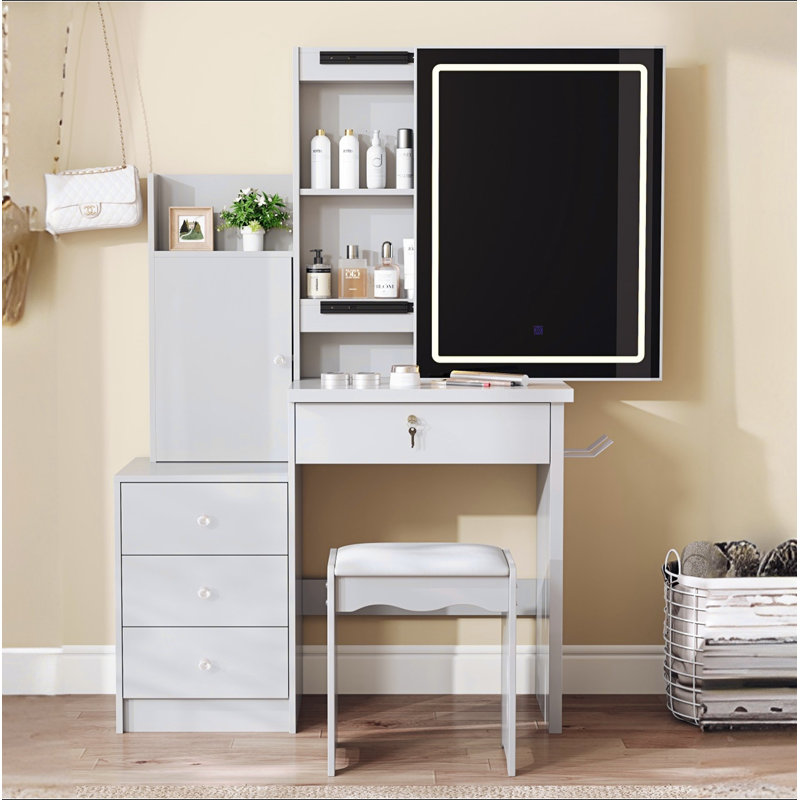 Vanity Desk Set With Sliding Lighted Mirror, Makeup Dressing Table With 4 Drawers & 9 Storage Spaces, Hidden Compartments And Cushioned Stool, White Beauty Furniture For Bedroom