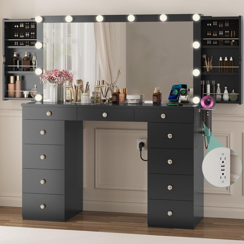 47" Large Makeup Deidra With USB Power Outlet,Mirror, 12 Adjustable Lights,11 Drawers And 2 Side Hidden Jewelry Cabinets,Crystal Knobs