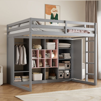 Full Size Wood Loft Bed With Wardrobe, Shelves And  Cabinet, Gray+Pink