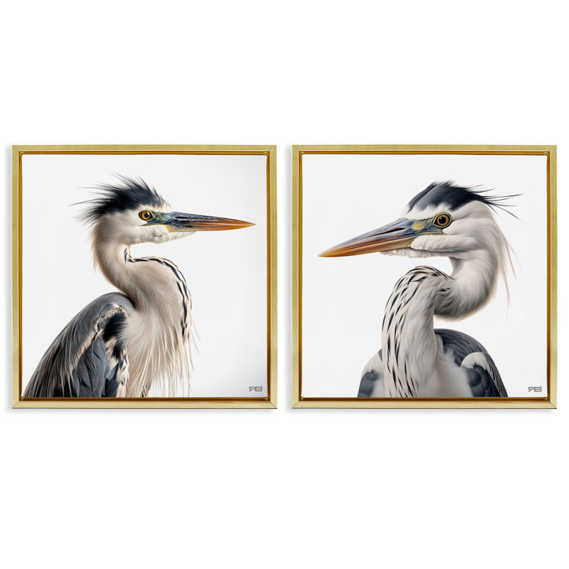 «Young Heron Birds», ensemble de 2 toiles flottantes encadrées par Roozbeh Bahramali, Cadre flottant métallique doré
