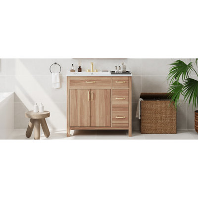 Meuble-lavabo de 36 po avec bois massif, 2 portes à fermeture douce, 3 tiroirs, lavabo en céramique, tablette ajustable pour matériaux de décoration compacts, petites salles de bain