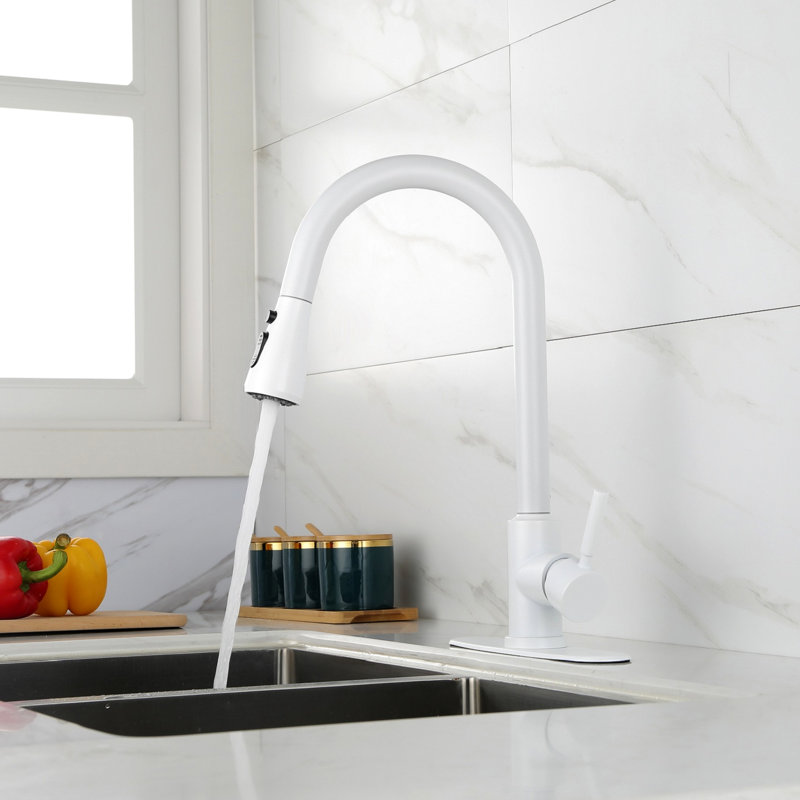 Robinet de cuisine en acier inoxydable blanc, douchette extractible pour plus de commodité, buse rotative à 360 °, deux réglages de débit d'eau, fonctionnement simple et facile avec jet blanc, conception moderne,