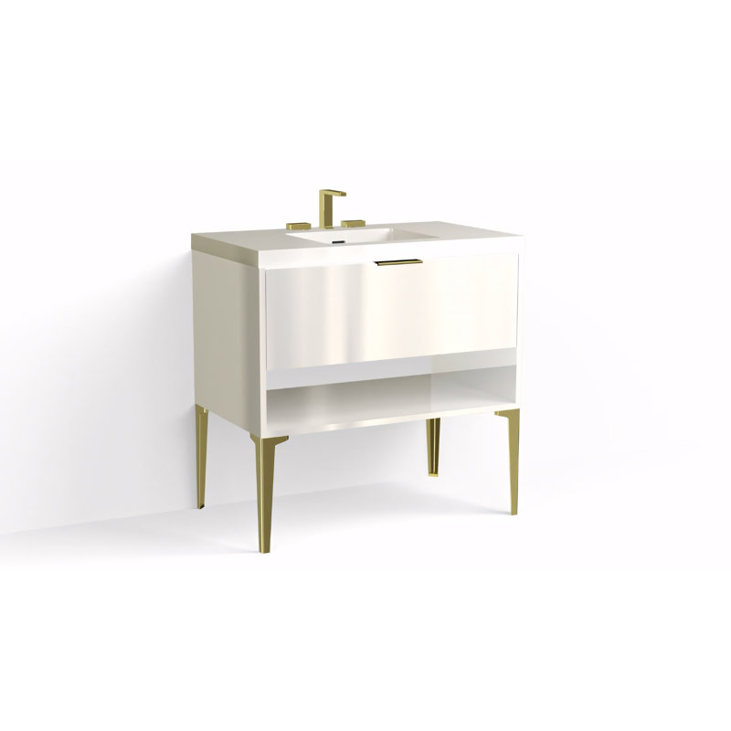 Modo 36" W Freestanding Single Bathroom Vanity with Dean Leg, Glossy White/8" Widespread, White Acrylic, Matte Black